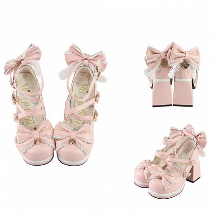 Block Bow Crisscross High Heels Buckles at Detachable Heart Design Pink Top