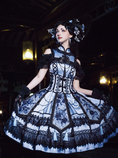 Robe Qipao élégante à col cheongsam bleu et noir + ceinture corset à baleines + ensemble Qi Lolita JSK superposé à pompons