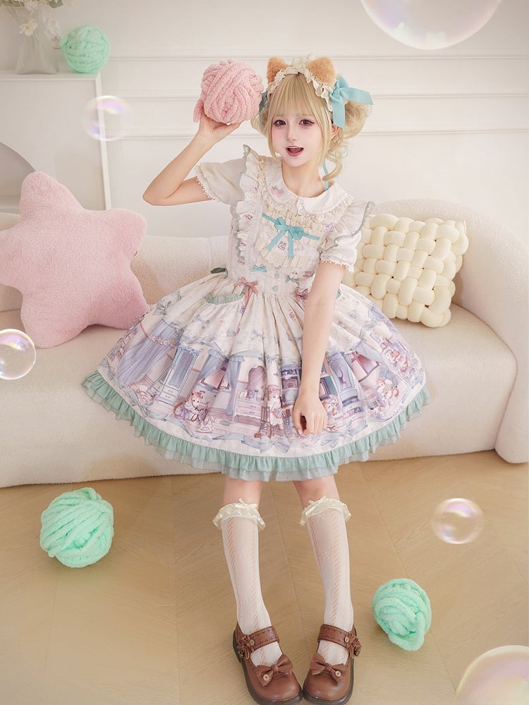 Cute kitty and Green Bows Sweet Lolita Dress Flutter Shoulder Straps Jumper Skirt