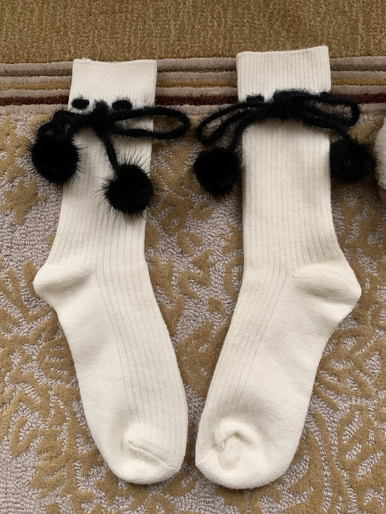 Khaki/Red/White/Grey/Green Cute Calf Socks With Pompons