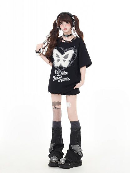 Plush Butterfly Applique Butterfly Neckline Black Design Bittersweet T-Shirt