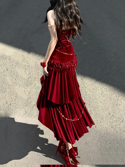 Robe de soirée sirène dos nu en velours rouge/noir