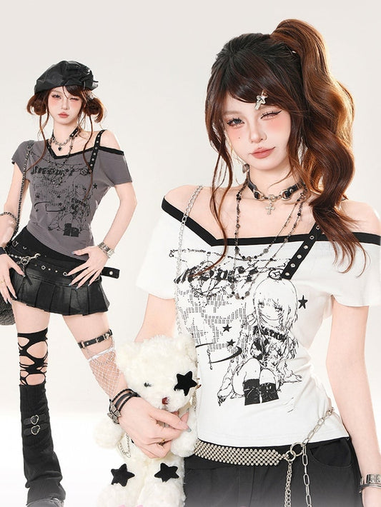 T-Shirt mit asymmetrischem Ausschnitt und schmaler Passform, Anime-Mädchen-Print, Grau/Weiß