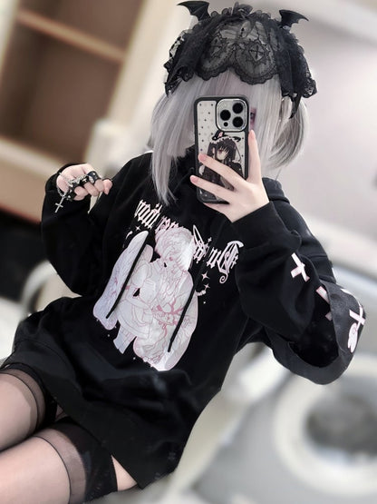 Black White Cross Pattern Graphic Hoodie