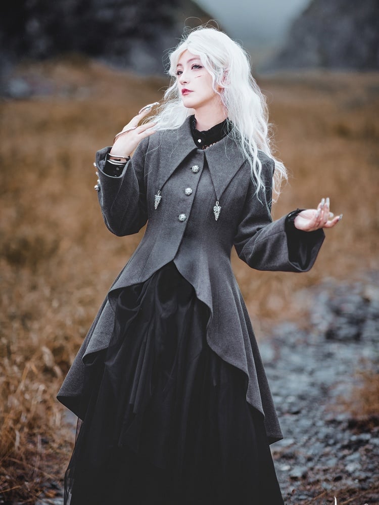 Dark Gray Pointed Flat Collar Gothic Lolita High-low Hem Coat