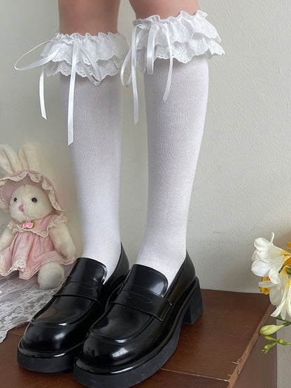 Under-Knee Trim White/Black Stockings Layers Lace Double Lolita