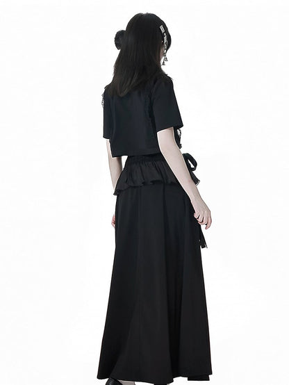 Black Cheongsam Waist Chain Corset Belt Set Free Style Long Skirt with Flounce Beaded Hem