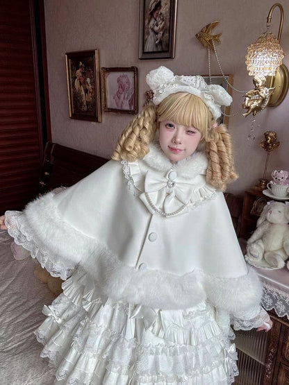 Cape Winter Woolen Faux Hooded Edging with Cat-Ear Fur Lolita White