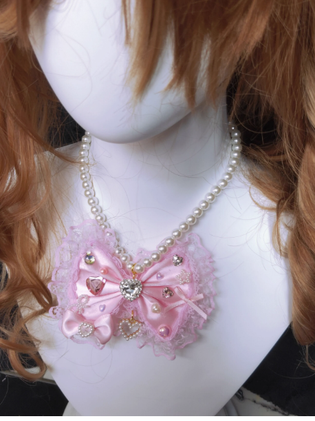 Pink Rhinestone Heart Charm Bowknot Bead Necklace