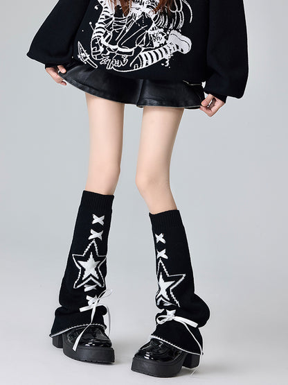 Black&White/Pink&White Star Pattern Lace-up Detail Leg Warmers