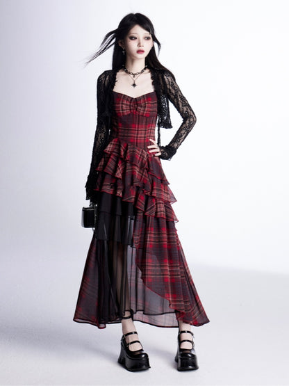 Taille Asymmetrische Rot Plaid Cami Kleid Tiered Rüschen mit