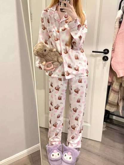 White Pink Cute Red Panda Print Pajama Set