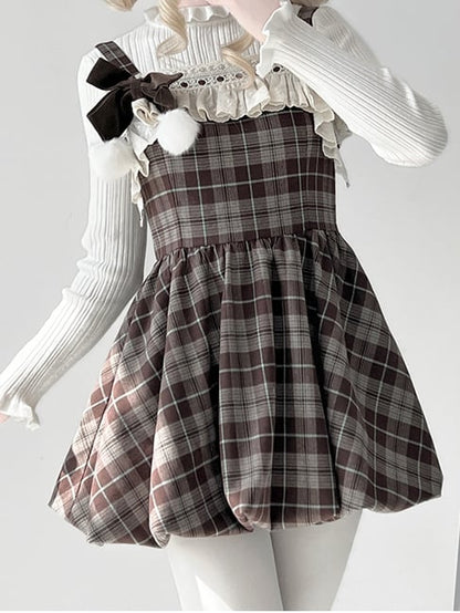 Brown Plaid Ruffled Trim Bubble Dress + White Top Set