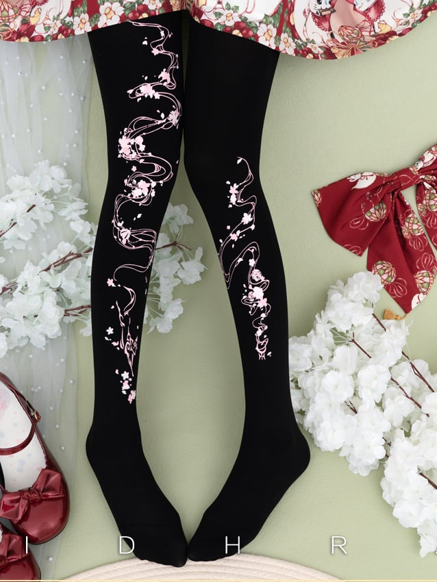 Black Sakura Print Wa Lolita  Tights