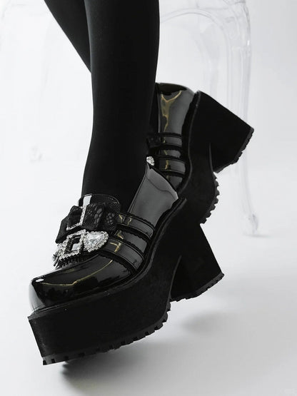 Jirai 10cm Pointed-Toe Loafers Polished Black Rhinestone Kei in Bow Platform with Heel Sweetheart