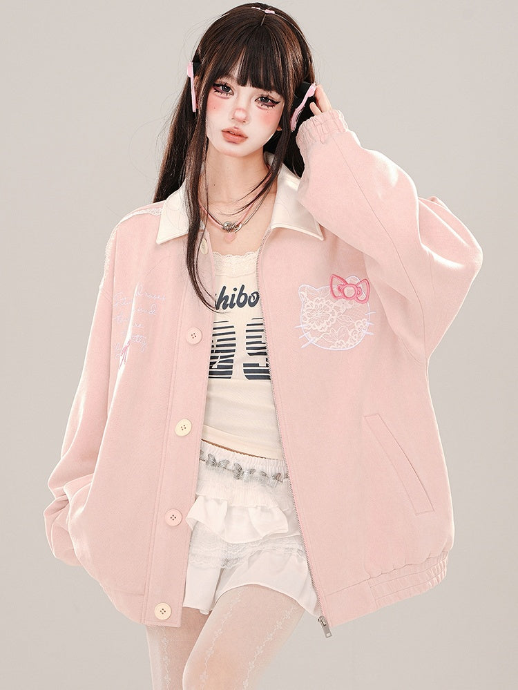 Pink Kitty Embroidery Baseball Jacket