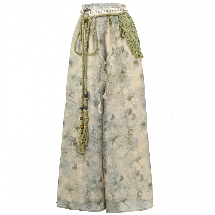 Accessory Dye Wide-Leg Pants Version Detachable with Regular/Short Knitted Mori Kei Green Tie