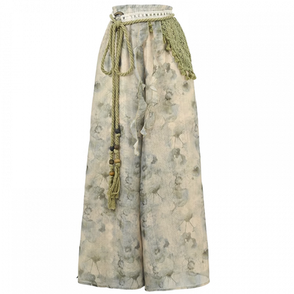 Accessory Dye Wide-Leg Pants Version Detachable with Regular/Short Knitted Mori Kei Green Tie