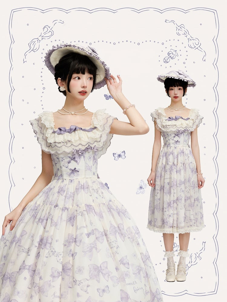 Robe Lolita violette à nœuds et papillons, décolleté deux façons de la porter
