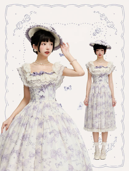 Robe Lolita violette à nœuds et papillons, décolleté deux façons de la porter