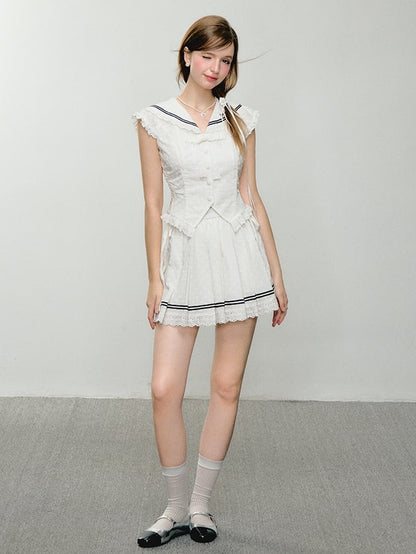 Self-tie Straps Waist White Pleated Skirt