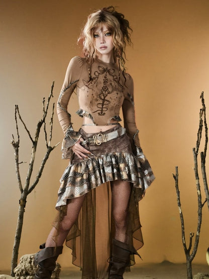 Sleeves Top Print Snakeskin Bell Pattern Design Wasteland Brown Punk
