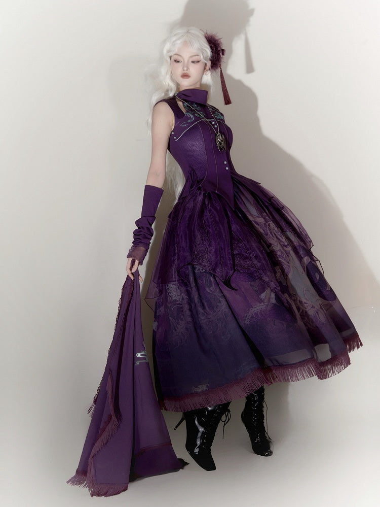Haut sans manches violet brodé d'os de serpent gothiques