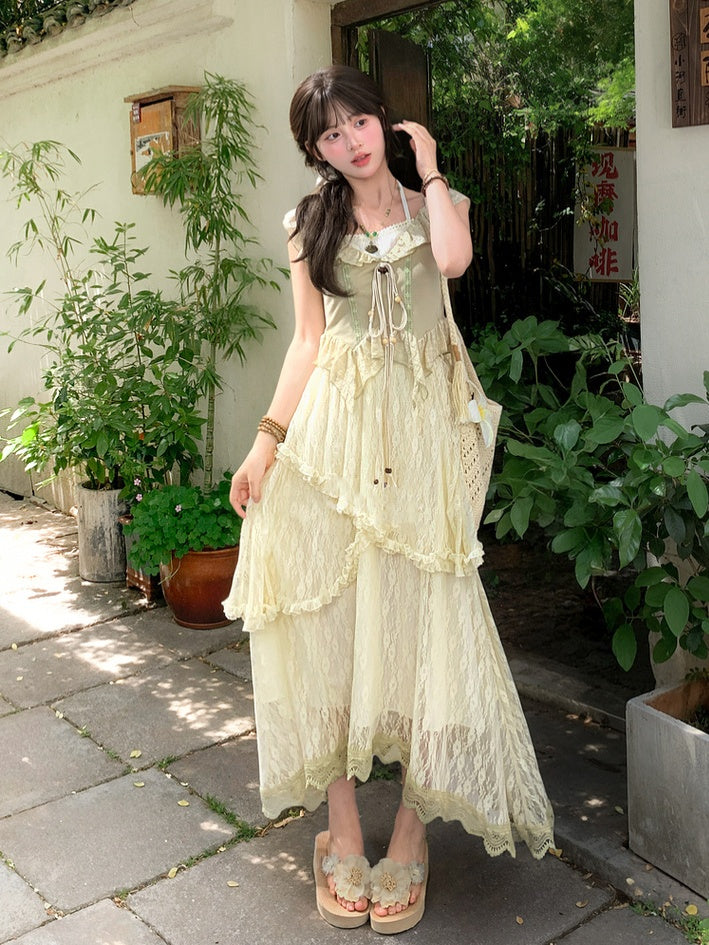 Flutter Sleeves Self-tie Bead Straps Light Hem Curved Green Halter Top