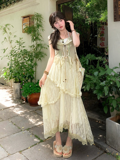 Flutter Sleeves Self-tie Bead Straps Light Hem Curved Green Halter Top