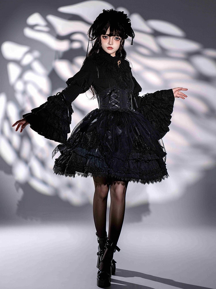 Neckline Ruffle Gothic Bell Jabot Black with Shirt Layered Sleeves Tie Kuro Lolita