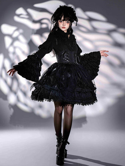 Neckline Ruffle Gothic Bell Jabot Black with Shirt Layered Sleeves Tie Kuro Lolita