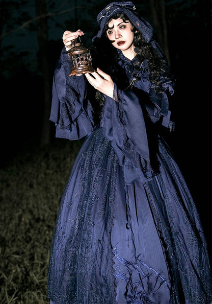 Dark Blue Dragon Bone Embroidery Drawstring Design Gothic Lolita Skirt