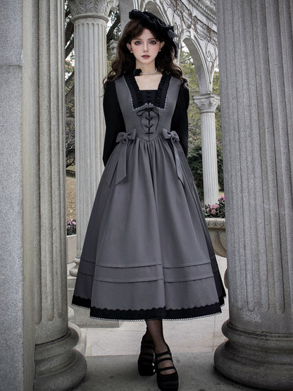 Black and Gray Elegant Square Neckline Spring Long Bishop Sleeves Lolita Dress