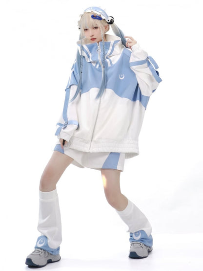 Light Blue and White Zip Up Front Jacket Long Sleeves Tenshi Kaiwai Sweatershirt