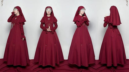 Wein Nonne Outfits Halloween Kleid Ärmel Kreuz Lolita Sammeln Stickerei Rot Juliette