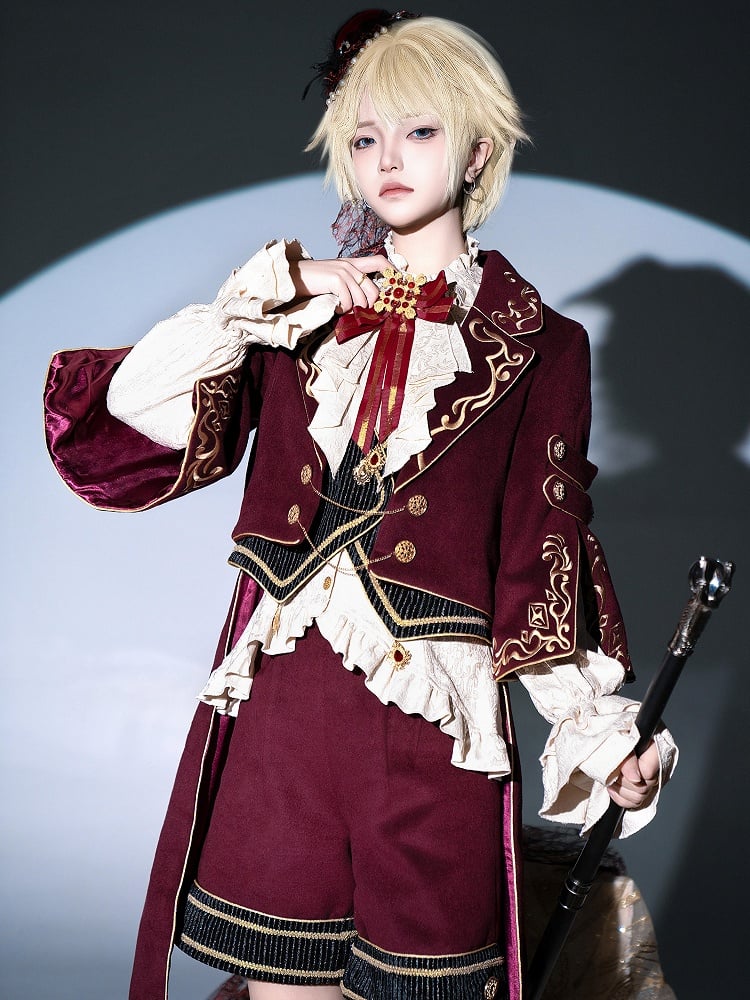 Tenue Lolita Gryffondor Ouji rouge : chemise à manches longues + manteau queue d'hirondelle rouge + short coupe droite