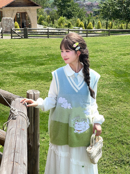 White Floral-Shaped Buttons Puppy Pattern Pocket Shirt with Tie