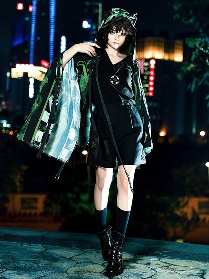Ears Strappy Fashion Green Cyberpunk Buckle Hooded Top Details Ouji Cat Techwear
