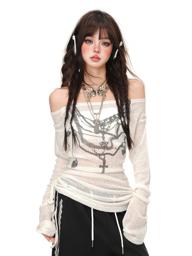 Top Graffiti White/Black Semi-sheer Drawstring Waist