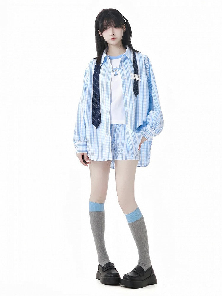 Blue  White Elastic Waist Plaid Shorts