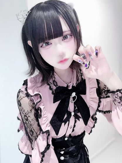 Pink Blouse Trim Rhinestone Decorated Jirai Kei Beaded And Details Bowknot Ruffles