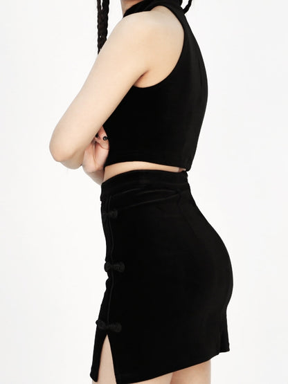 Skirt Cheongsam Side Velvet Buttons with Style Black Frog Slit Mini and