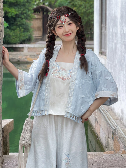 Sleeves Top Hem Butterfly Floral Embroidery Blue Tassels Design Long