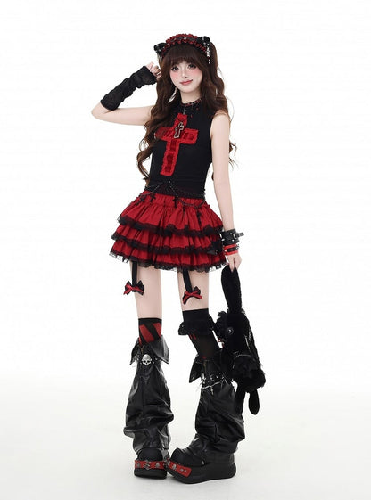 Detachable Lace Red/Pink/Black Bowknot Tiered Skirt with Y2K Glamorous Trim