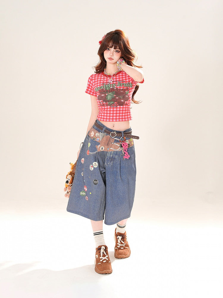 Red Plaid Round Fruit Print Cropped T-Shirt Neck