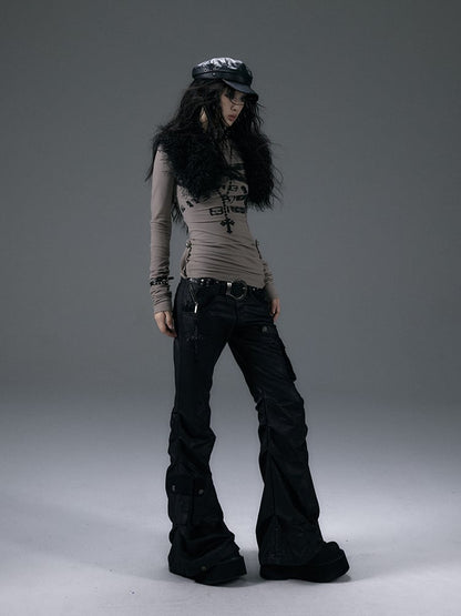 Black Low-Waist Slim-fitting Flared Cargo Pants