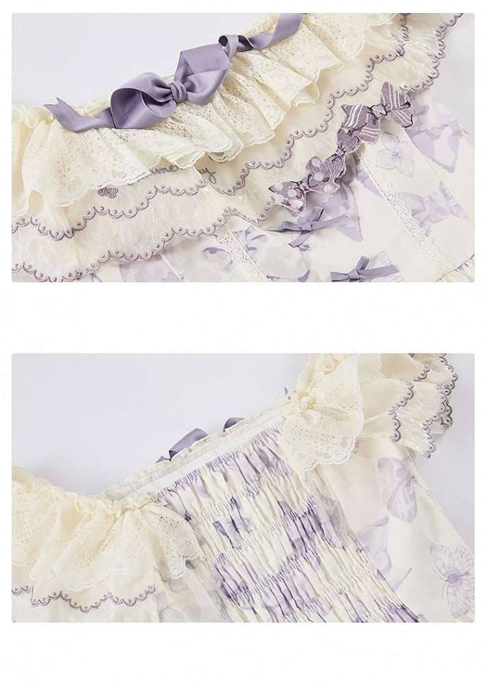 Robe Lolita violette à nœuds et papillons, décolleté deux façons de la porter