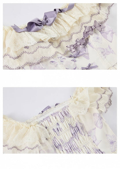 Robe Lolita violette à nœuds et papillons, décolleté deux façons de la porter