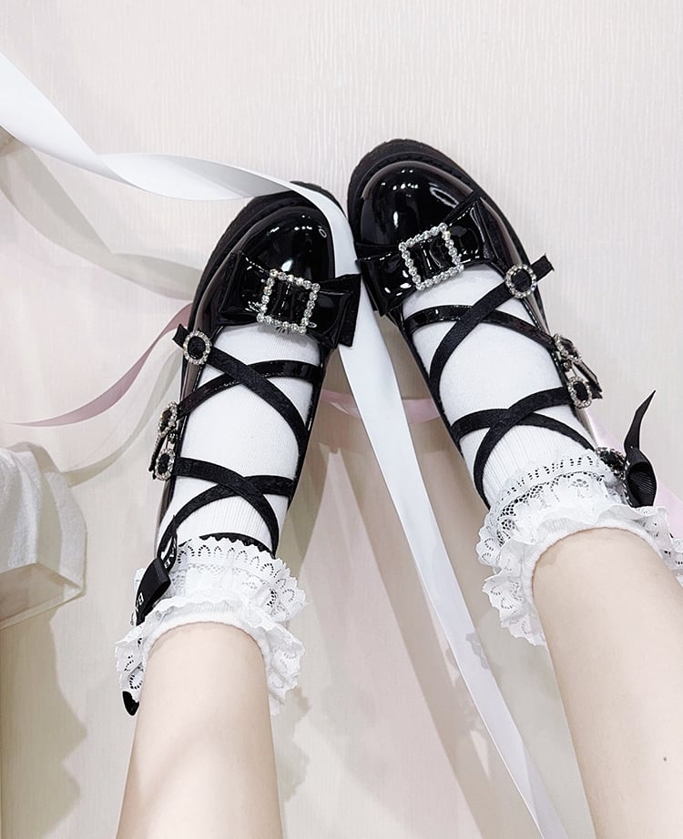 Polished Black Jirai Kei Rhinestone Bowknot Landmine Style Platform Shoes