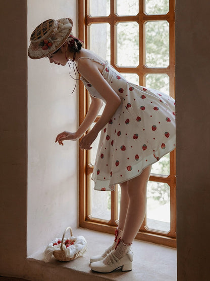 and White JSK Sweet Dress Polka Dots Summer Lolita Strawberry Sun Print
